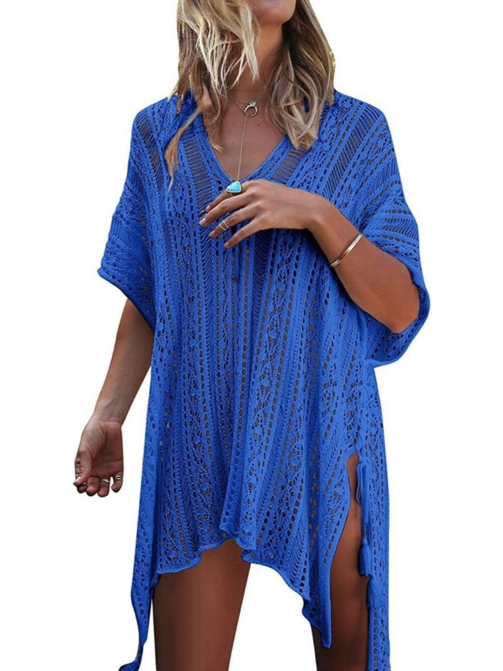 Women's Blue Polyester Crochet Cover up Swimsuit Breathable Beach Swimwear